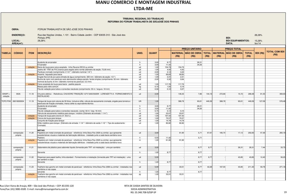 QUANT PREÇO UNITÁRIO PREÇO BDI COM BDI Ajudante de encanador h 3,00 8,77 26,31 Encanador h 3,00 11,42 34,26 cotação Bacia de louça para caixa acoplada - linha Ravena DECA ou similar ud 1,00 154,79