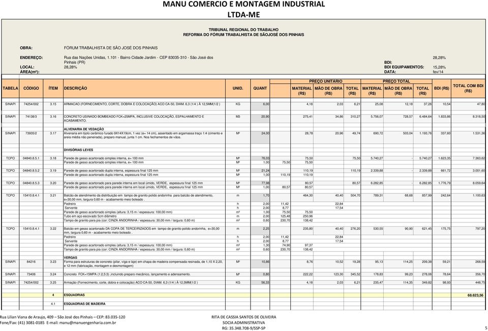 QUANT PREÇO UNITÁRIO PREÇO BDI COM BDI SINAPI 74254/002 3.15 ARMACAO (FORNECIMENTO, CORTE, DOBRA E COLOCAÇÃO) ACO CA-50, DIAM.