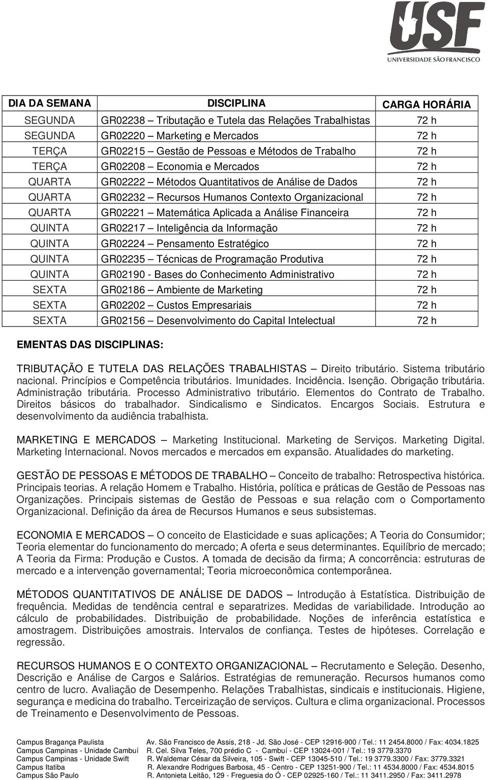 Matemática Aplicada a Análise Financeira 72 h QUINTA GR02217 Inteligência da Informação 72 h QUINTA GR02224 Pensamento Estratégico 72 h QUINTA GR02235 Técnicas de Programação Produtiva 72 h QUINTA