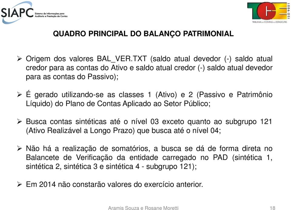 (Ativo) e 2 (Passivo e Patrimônio Líquido) do Plano de Contas Aplicado ao Setor Público; Busca contas sintéticas até o nível 03 exceto quanto ao subgrupo 121 (Ativo Realizável a Longo