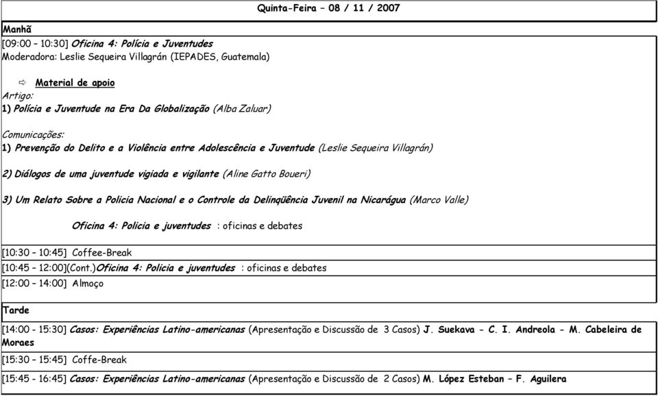 Relato Sobre a Policia Nacional e o Controle da Delinqüência Juvenil na Nicarágua (Marco Valle) Oficina 4: Policia e juventudes : oficinas e debates [10:30 10:45] Coffee-Break [10:45 12:00](Cont.