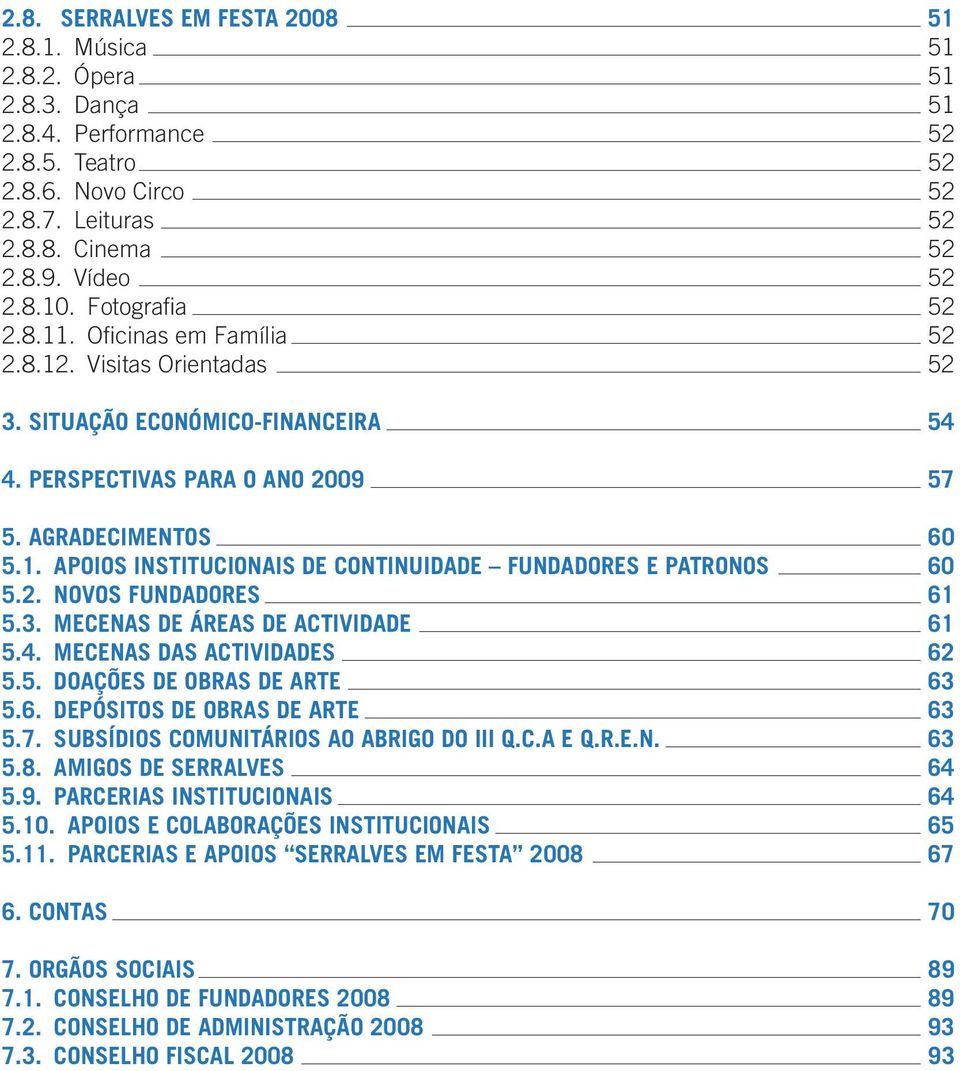 2. NOVOS FUNDADORES 61 5.3. MECENAS DE ÁREAS DE ACTIVIDADE 61 5.4. MECENAS DAS ACTIVIDADES 62 5.5. DOAÇÕES DE OBRAS DE ARTE 63 5.6. DEPÓSITOS DE OBRAS DE ARTE 63 5.7.