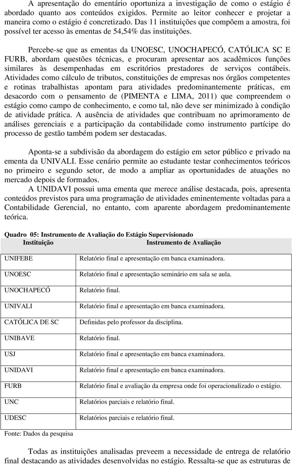 Percebe-se que as ementas da UNOESC, UNOCHAPECÓ, CATÓLICA SC E FURB, abordam questões técnicas, e procuram apresentar aos acadêmicos funções similares às desempenhadas em escritórios prestadores de