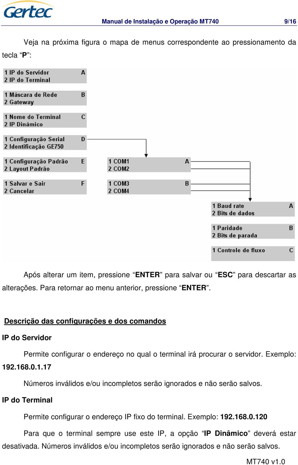 Descrição das configurações e dos comandos IP do Servidor Permite configurar o endereço no qual o terminal irá procurar o servidor. Exemplo: 19