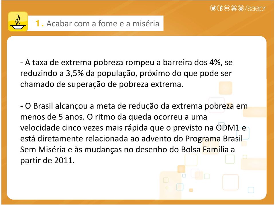 O Brasil alcançou a meta de redução da extrema pobreza em menos de 5 anos.