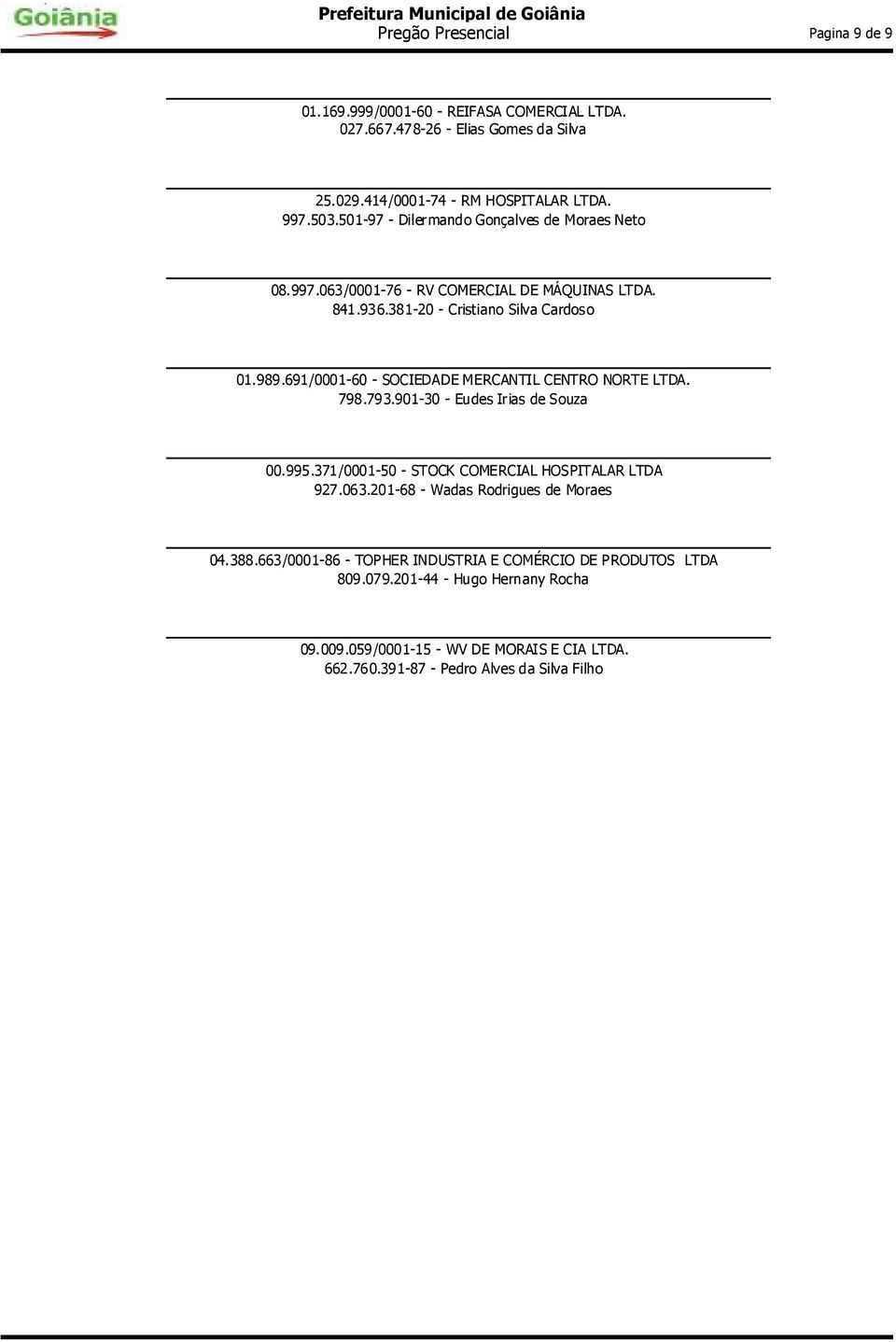 691/0001-60 - SOCIEDADE MERCANTIL CENTRO NORTE LTDA. 798.793.901-30 - Eudes Irias de Souza 00.995.371/0001-50 - STOCK COMERCIAL HOSPITALAR LTDA 927.063.