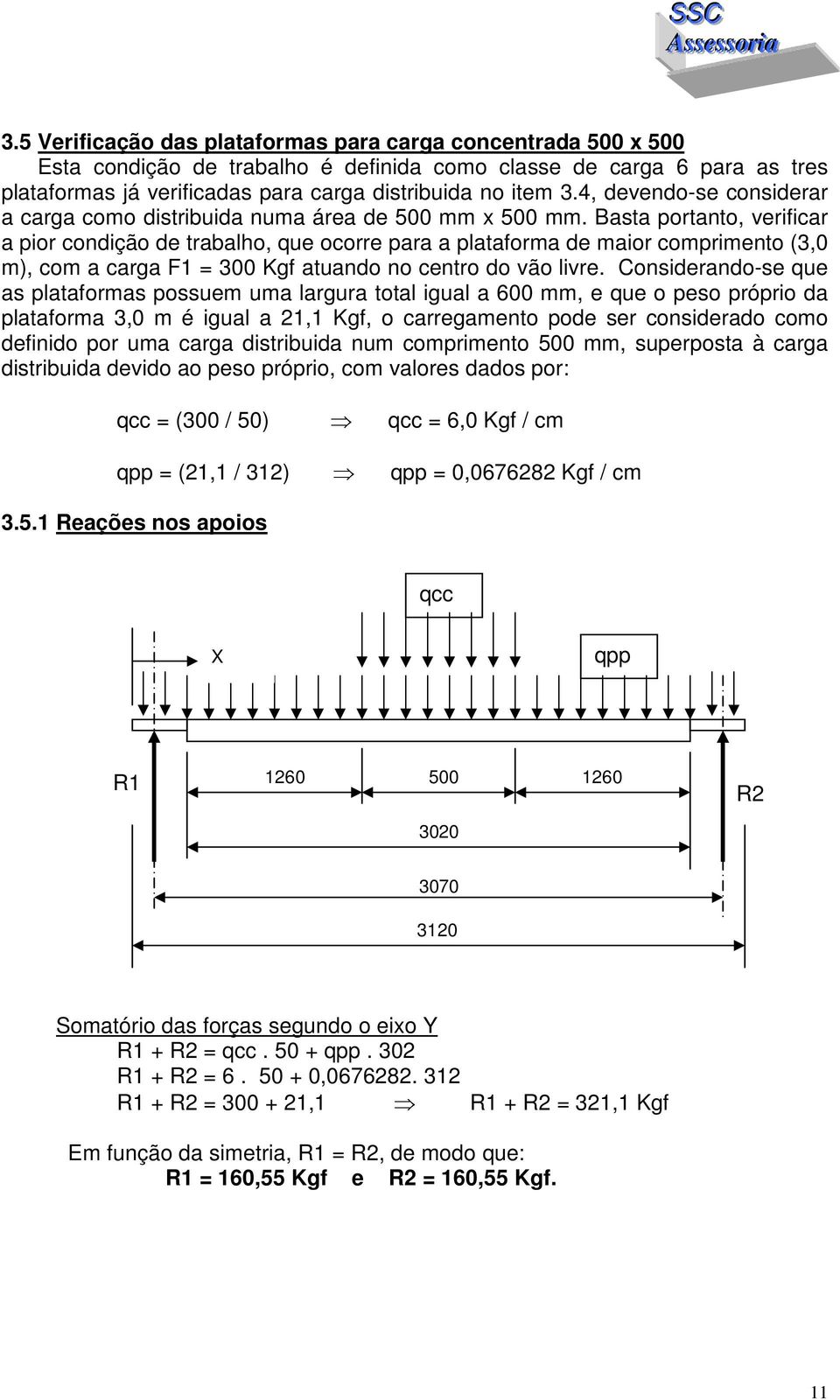 Basta portanto, verificar a pior condição de trabalho, que ocorre para a plataforma de maior comprimento (3,0 m), com a carga F1 = 300 Kgf atuando no centro do vão livre.