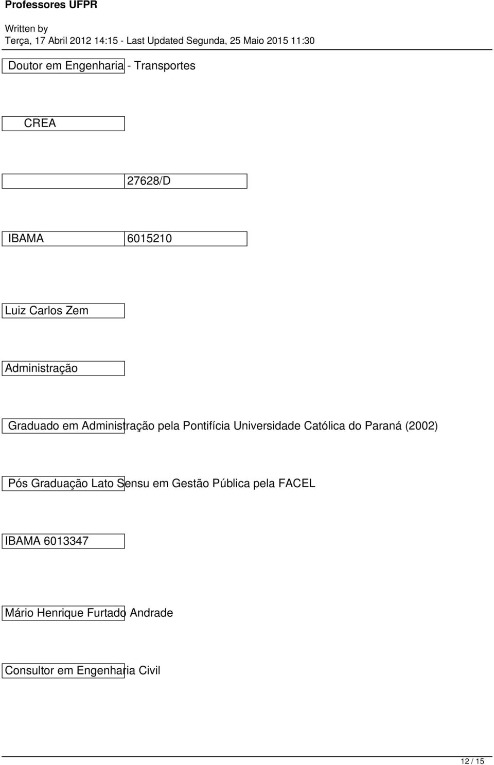 do Paraná (2002) Pós Graduação Lato Sensu em Gestão Pública pela FACEL IBAMA