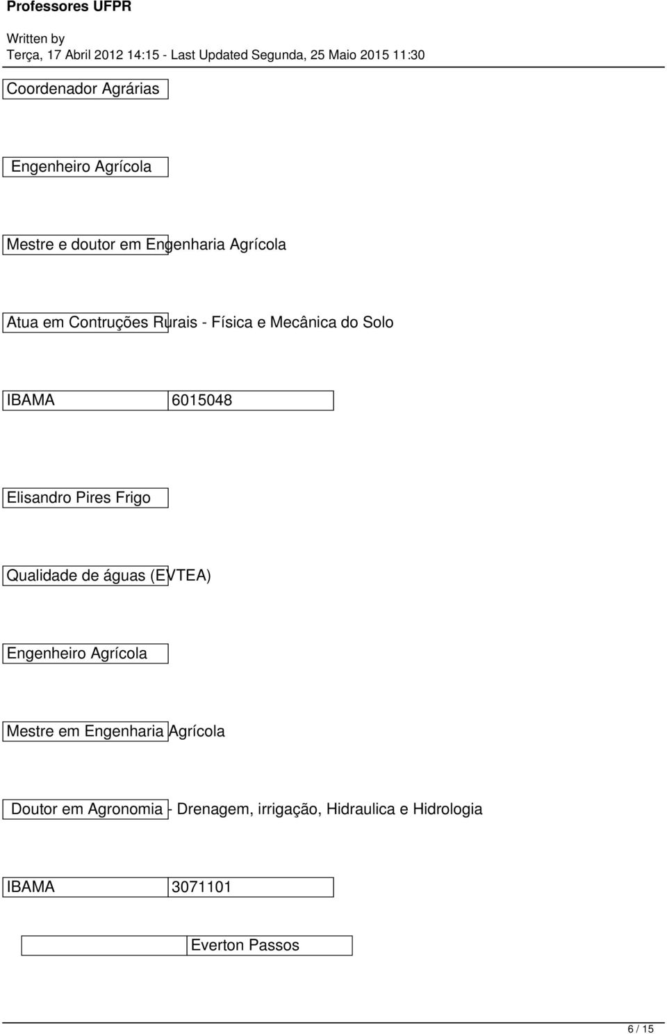 Qualidade de águas (EVTEA) Engenheiro Agrícola Mestre em Engenharia Agrícola Doutor em