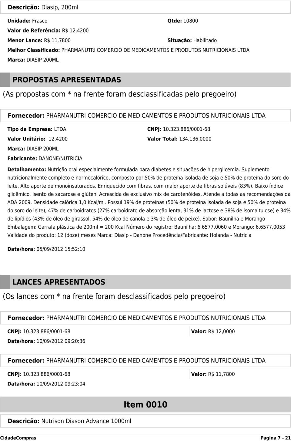 136,0000 Marca: DIASIP 200ML Fabricante: DANONE/NUTRICIA Detalhamento: Nutrição oral especialmente formulada para diabetes e situações de hiperglicemia.