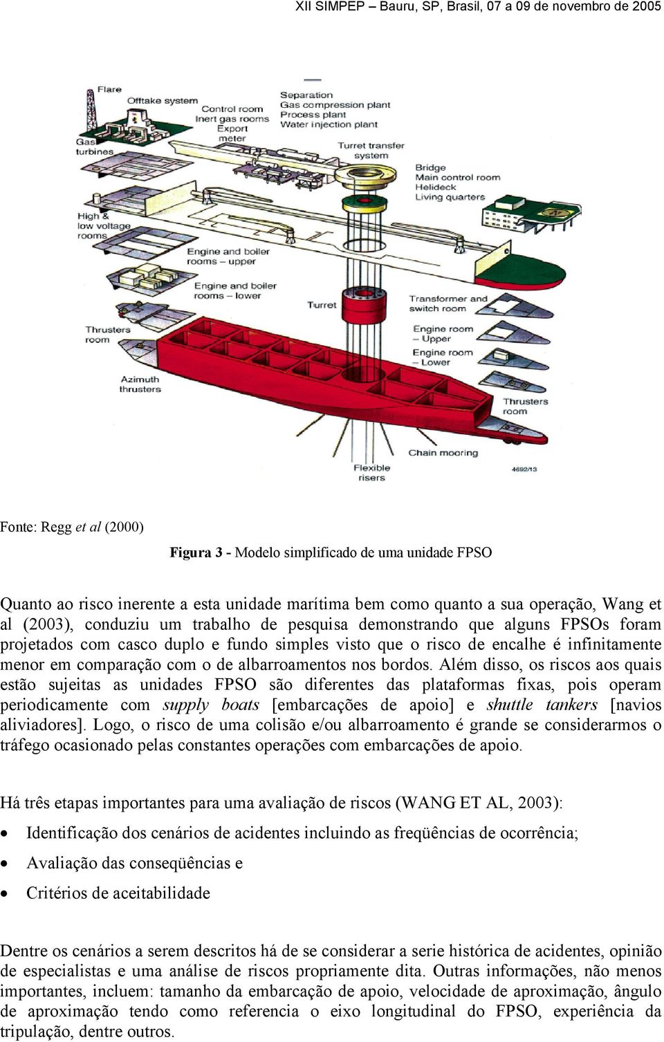 Além disso, os riscos aos quais estão sujeitas as unidades FPSO são diferentes das plataformas fixas, pois operam periodicamente com supply boats [embarcações de apoio] e shuttle tankers [navios