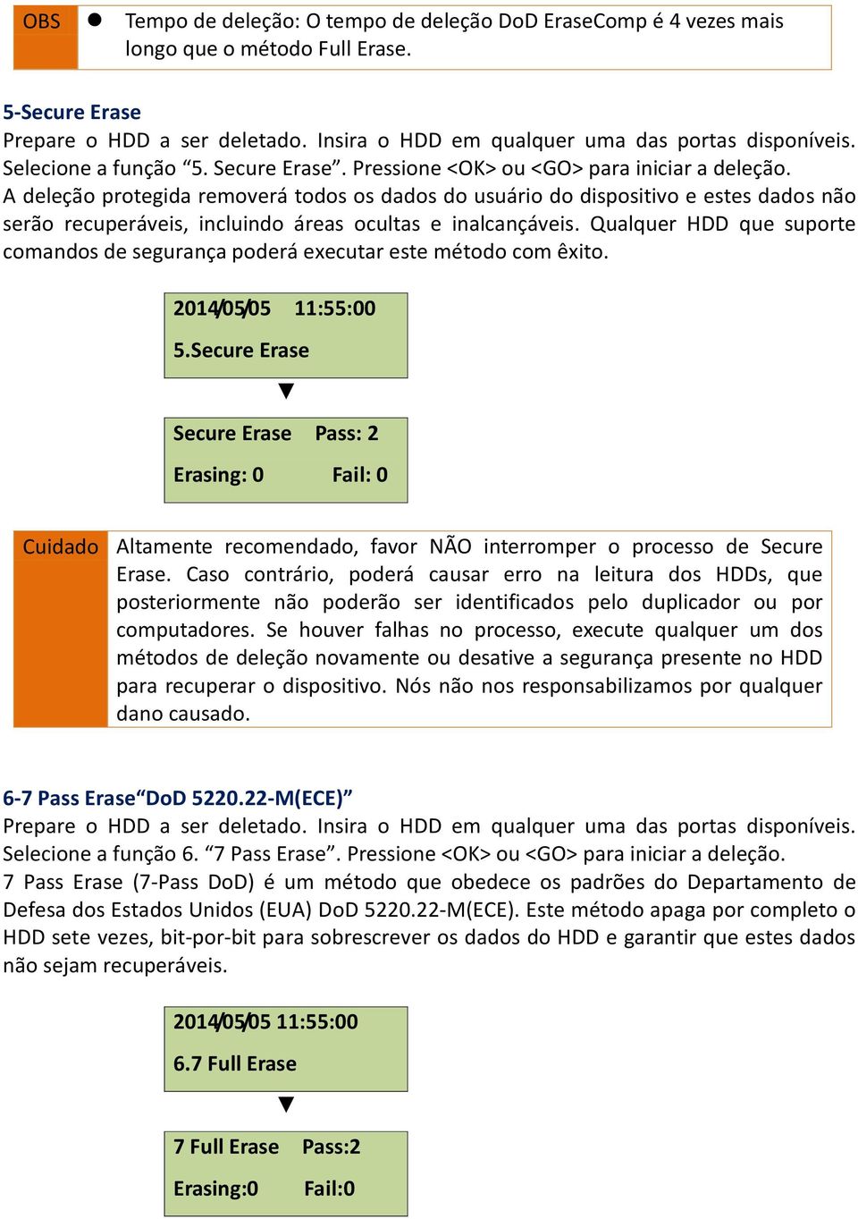 A deleção protegida removerá todos os dados do usuário do dispositivo e estes dados não serão recuperáveis, incluindo áreas ocultas e inalcançáveis.