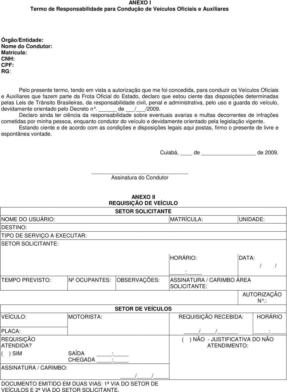 responsabilidade civil, penal e administrativa, pelo uso e guarda do veículo, devidamente orientado pelo Decreto n. de / /2009.