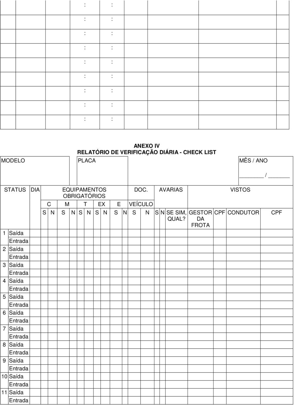 Saída 10 Saída 11 Saída EQUIPAMENTOS OBRIGATÓRIOS C M T EX E VEÍCULO S N S N S