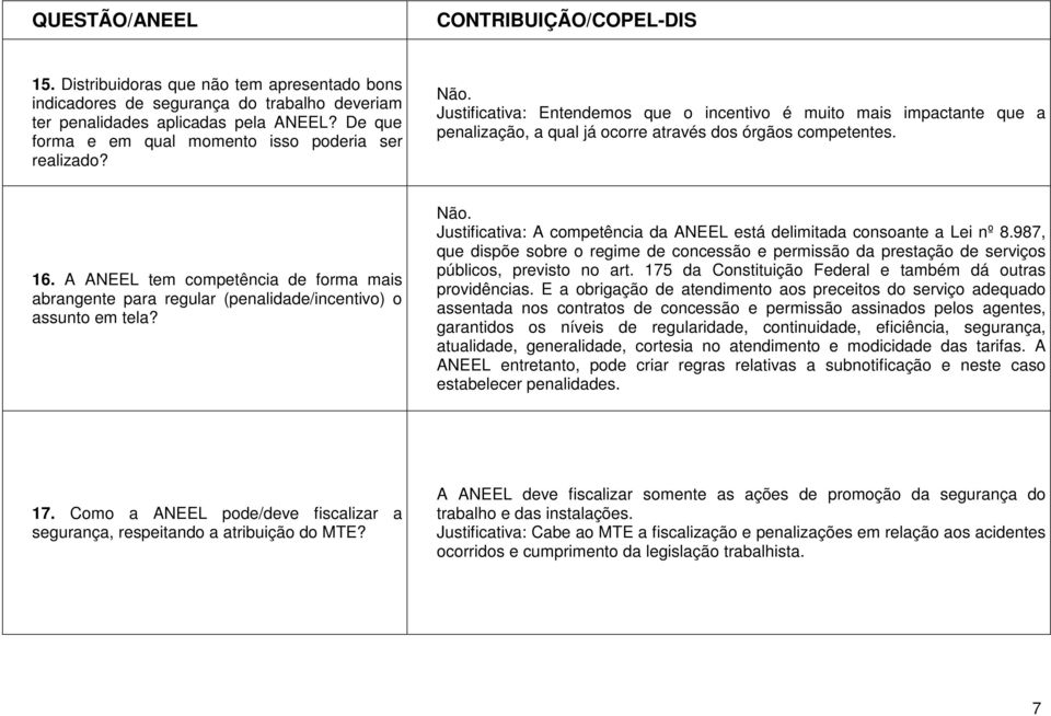 A ANEEL tem competência de forma mais abrangente para regular (penalidade/incentivo) o assunto em tela? Não. Justificativa: A competência da ANEEL está delimitada consoante a Lei nº 8.