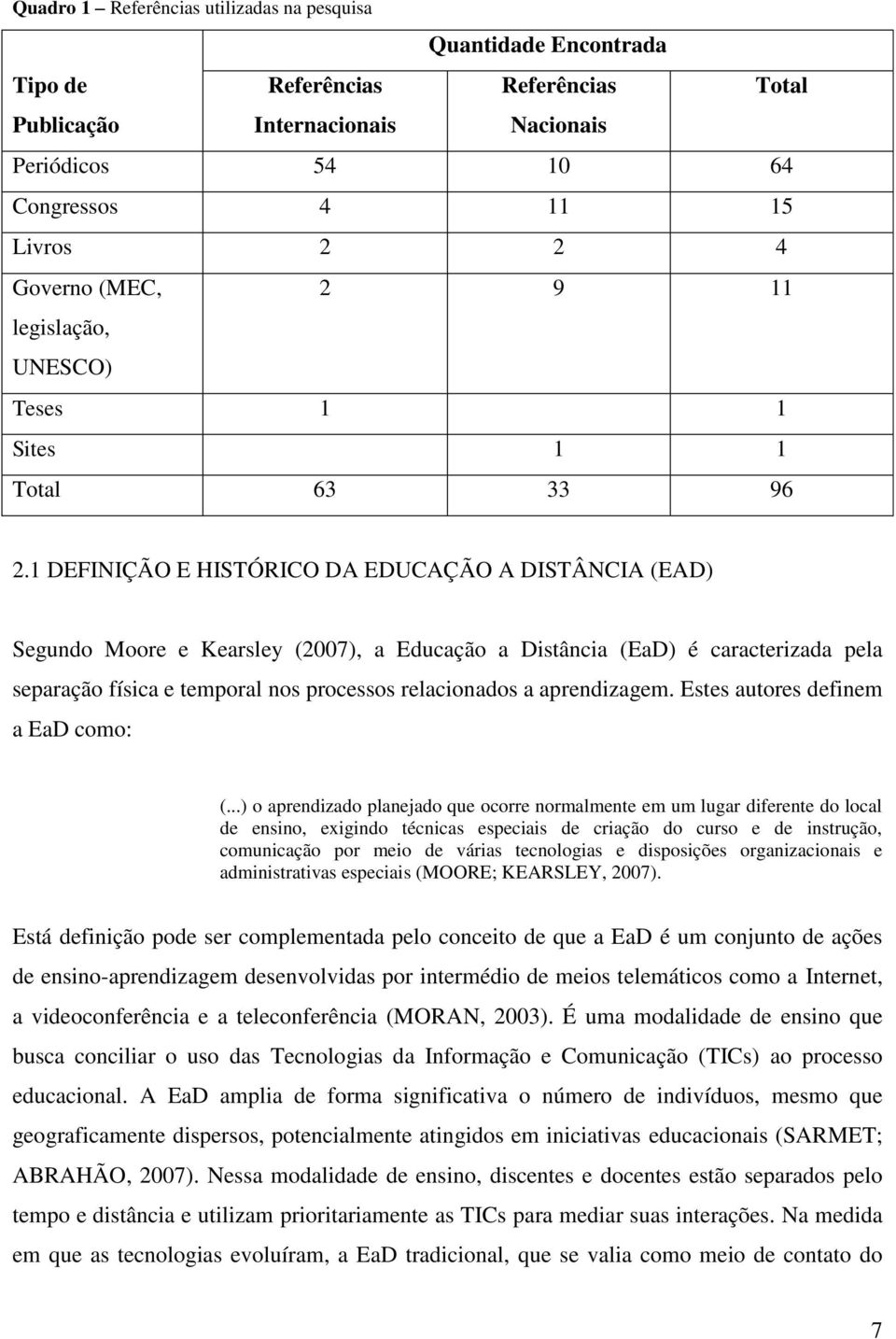 1 DEFINIÇÃO E HISTÓRICO DA EDUCAÇÃO A DISTÂNCIA (EAD) Segundo Moore e Kearsley (2007), a Educação a Distância (EaD) é caracterizada pela separação física e temporal nos processos relacionados a