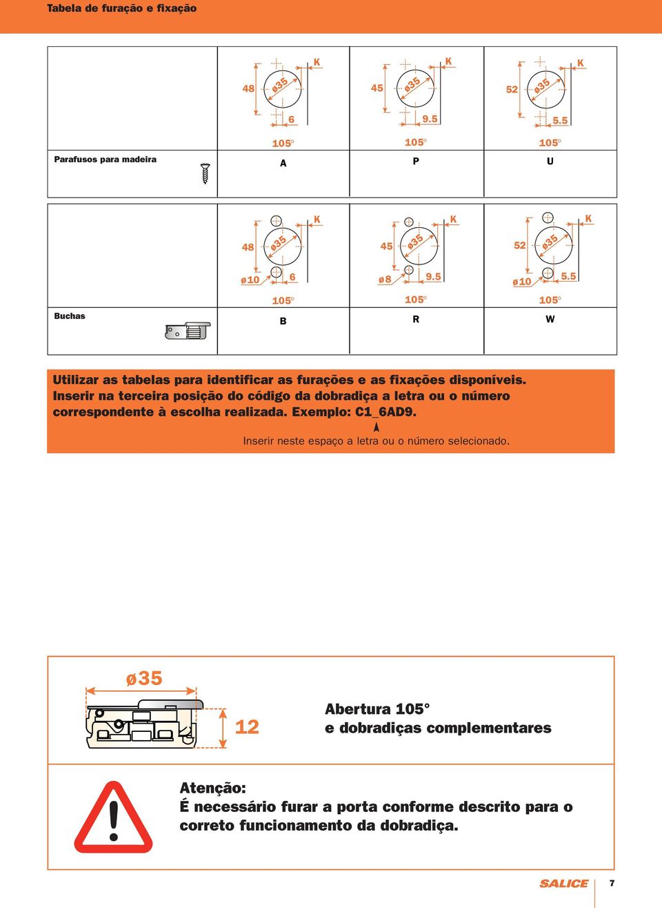 Inserir na terceira posição do código da dobradiça a letra ou o número correspondente à escolha realizada.