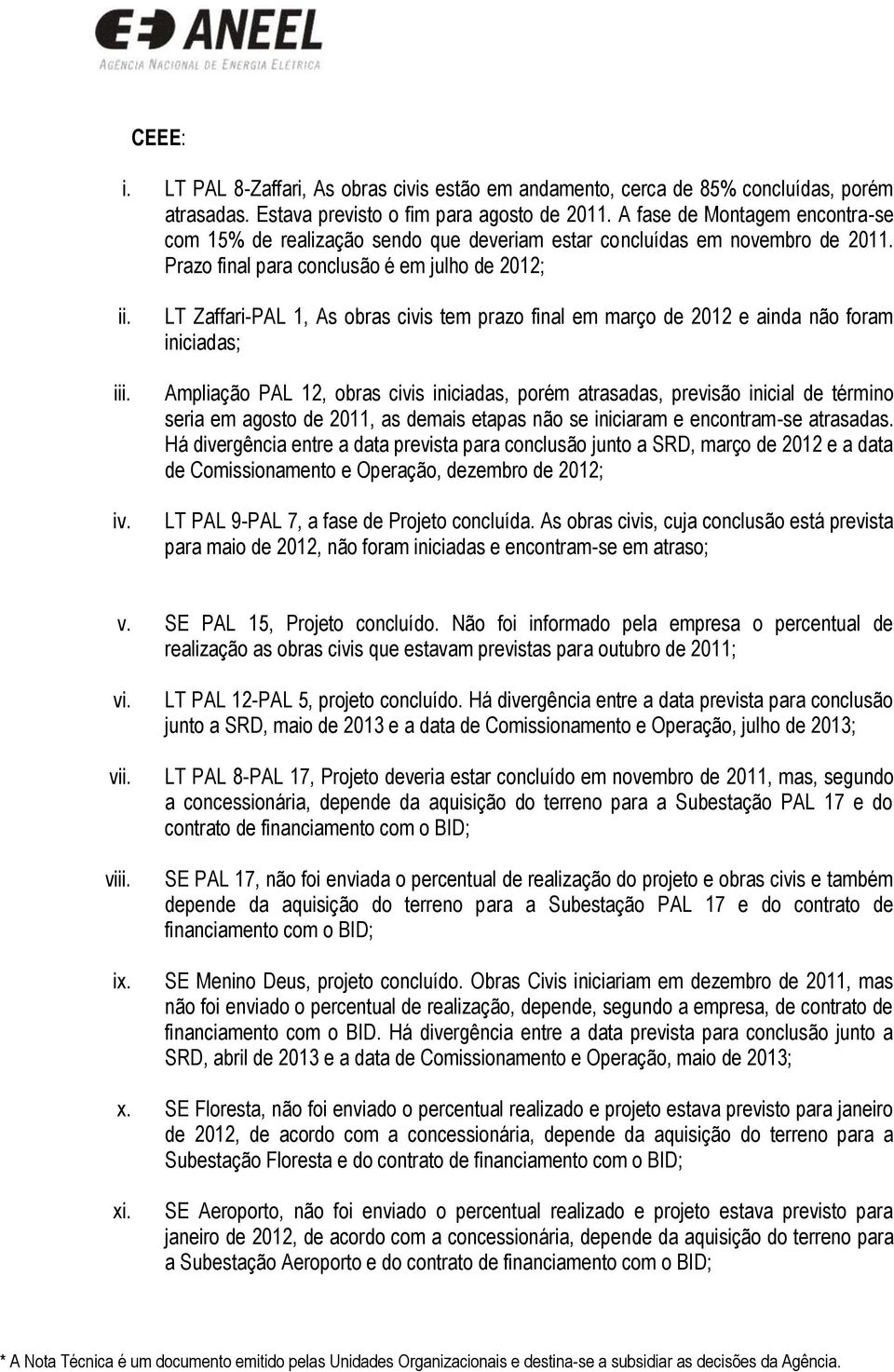 LT Zaffari-PAL 1, As obras civis tem prazo final em março de 2012 e ainda não foram iniciadas; Ampliação PAL 12, obras civis iniciadas, porém atrasadas, previsão inicial de término seria em agosto de