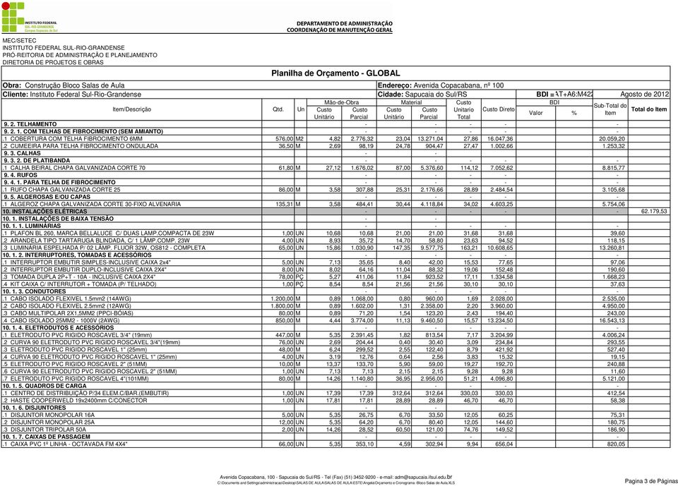 1 CALHA BEIRAL CHAPA GALVANIZADA CORTE 70 61,80 M 27,12 1.676,02 87,00 5.376,60 114,12 7.052,62 8.815,77 9. 4. RUFOS - - - - - 9. 4. 1. PARA TELHA DE FIBROCIMENTO - - - - -.