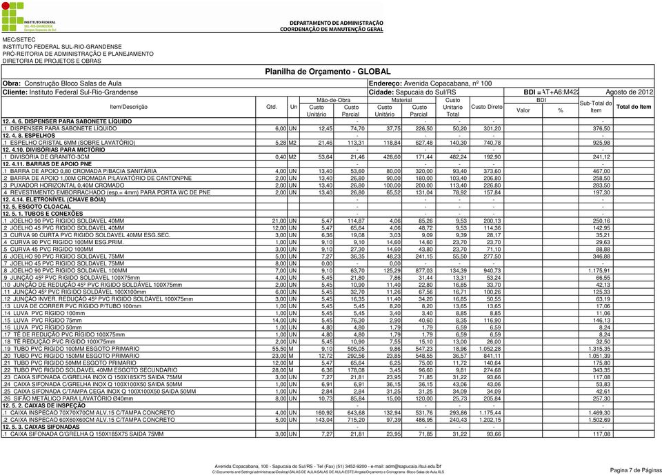 1 DIVISÓRIA DE GRANITO-3CM 0,40 M2 53,64 21,46 428,60 171,44 482,24 192,90 241,12 12. 4.11. BARRAS DE APOIO PNE - - - - -.