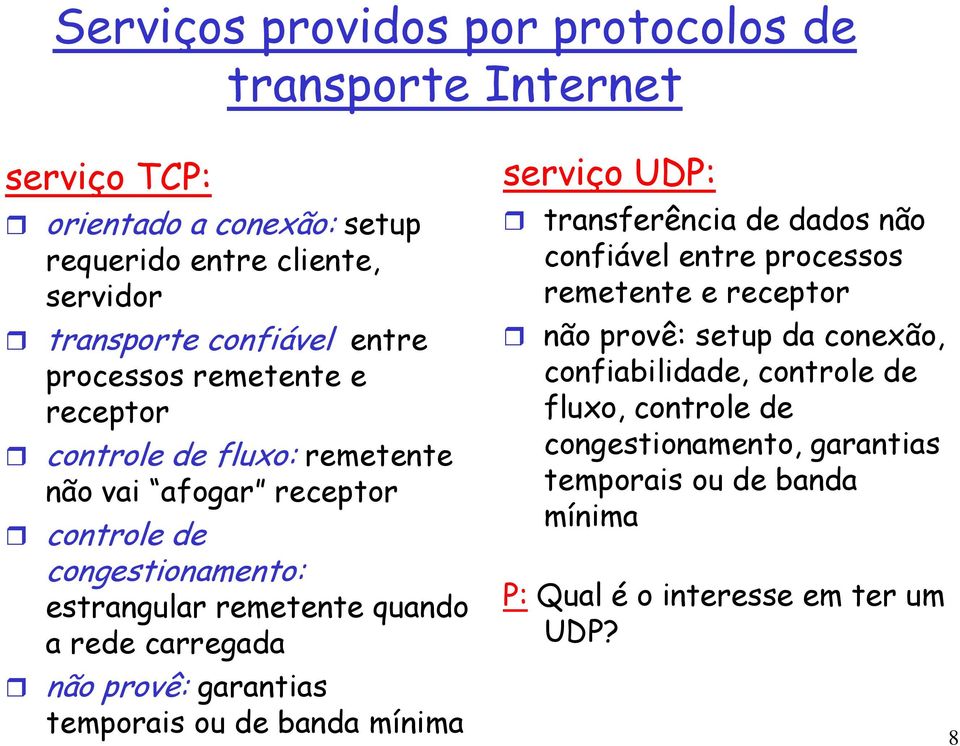 carregada não provê: garantias temporais ou de banda mínima serviço UDP: transferência de dados não confiável entre processos remetente e receptor não