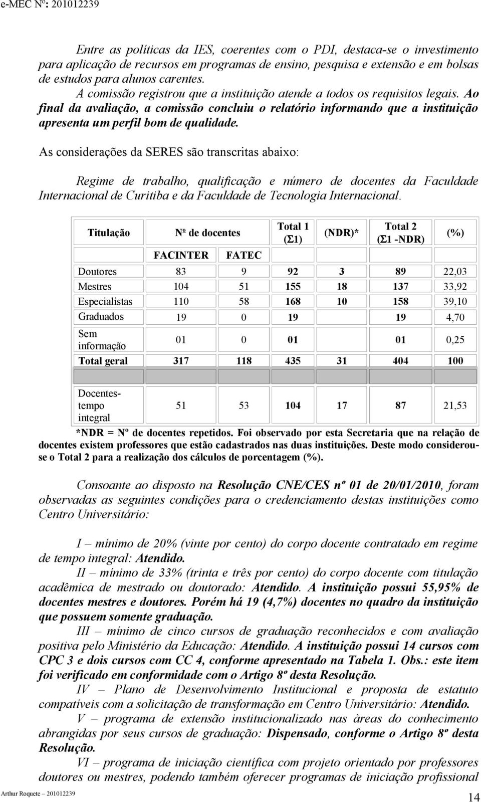 As considerações da SERES são transcritas abaixo: Regime de trabalho, qualificação e número de docentes da Faculdade Internacional de Curitiba e da Faculdade de Tecnologia Internacional.