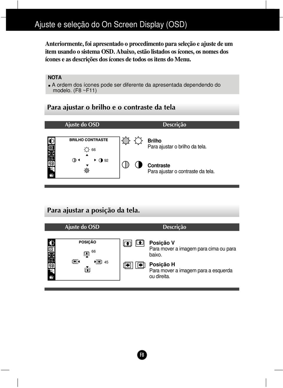 NOTA A ordem dos ícones pode ser diferente da apresentada dependendo do modelo.