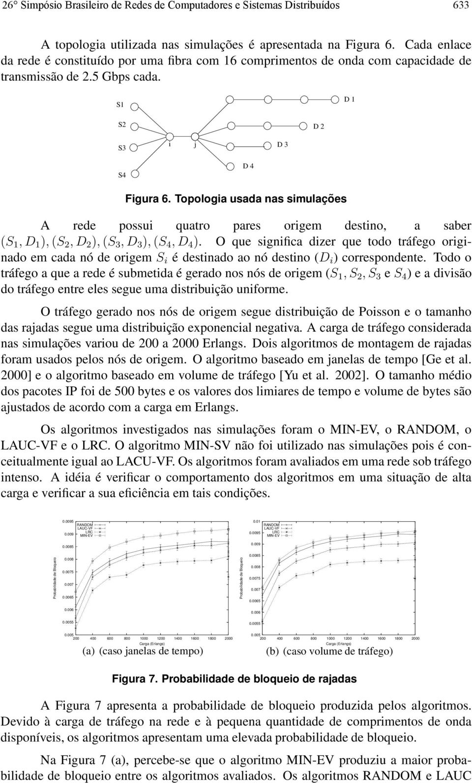 Topologia usada nas simulações rede possui quatro pares origem destino, a saber (S 1, D 1 ), (S 2, D 2 ), (S 3, D 3 ), (S 4, D 4 ).