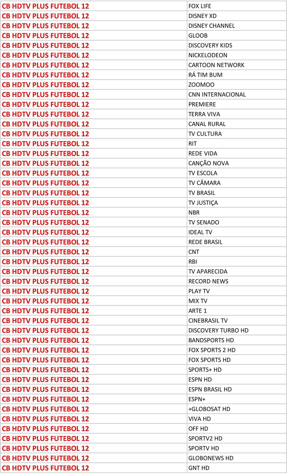 IDEAL TV REDE BRASIL CNT RBI TV APARECIDA RECORD NEWS PLAY TV MIX TV ARTE 1 CINEBRASIL TV DISCOVERY TURBO HD BANDSPORTS HD