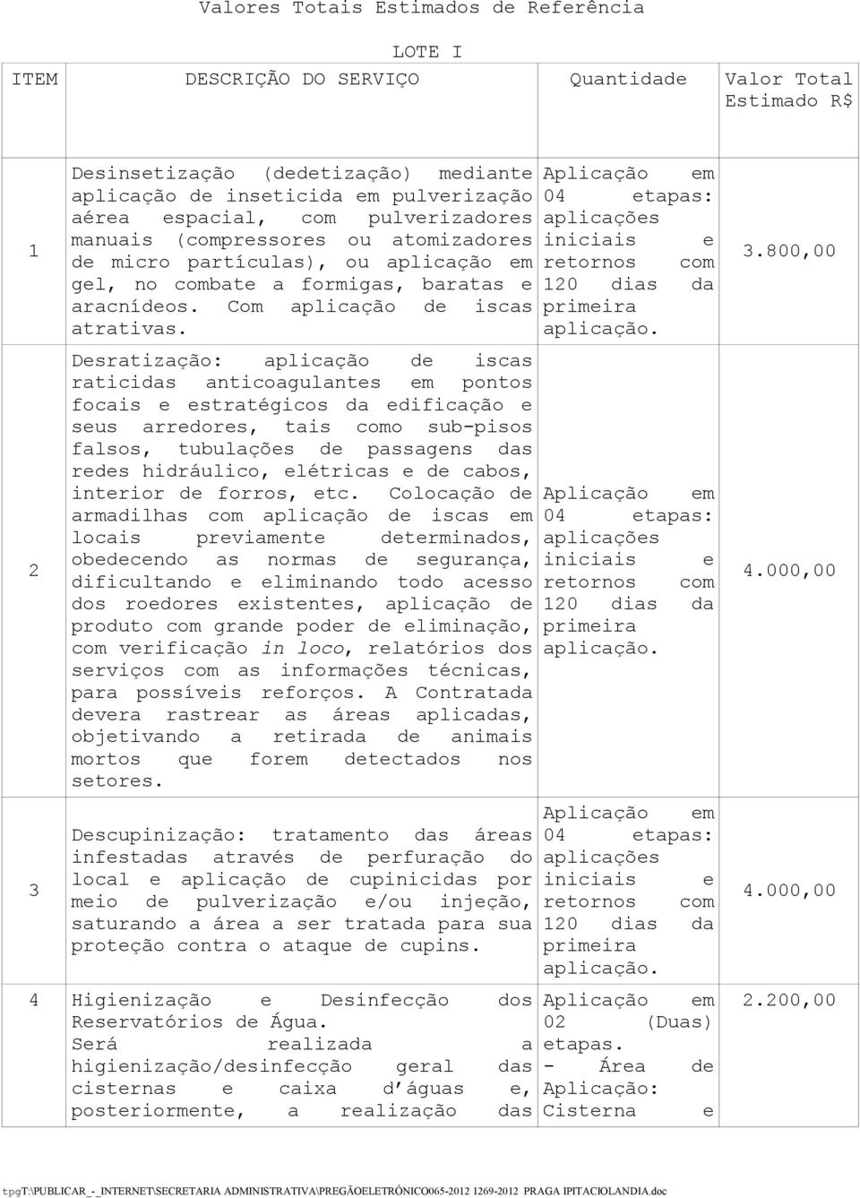 Desratização: aplicação de iscas raticidas anticoagulantes em pontos focais e estratégicos da edificação e seus arredores, tais como sub-pisos falsos, tubulações de passagens das redes hidráulico,