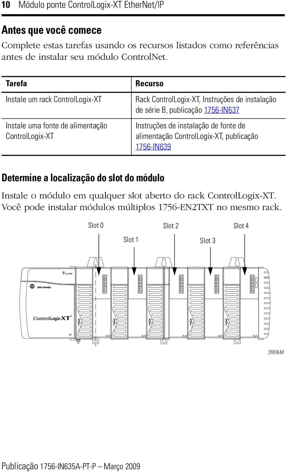 Tarefa Instale um rack ControlLogix-XT Instale uma fonte de alimentação ControlLogix-XT Recurso Rack ControlLogix-XT, Instruções de instalação de série B,