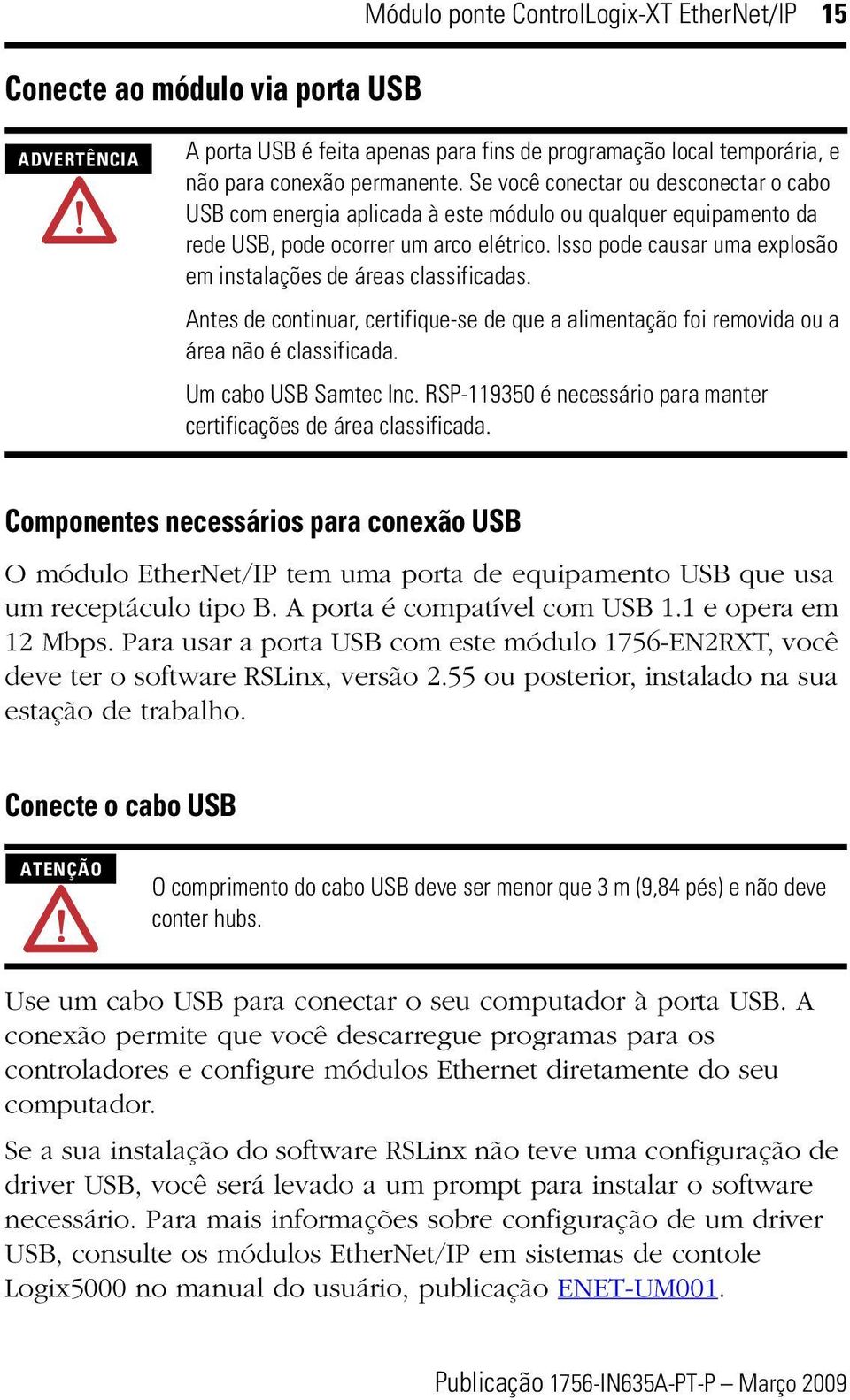 Isso pode causar uma explosão em instalações de áreas classificadas. Antes de continuar, certifique-se de que a alimentação foi removida ou a área não é classificada. Um cabo USB Samtec Inc.