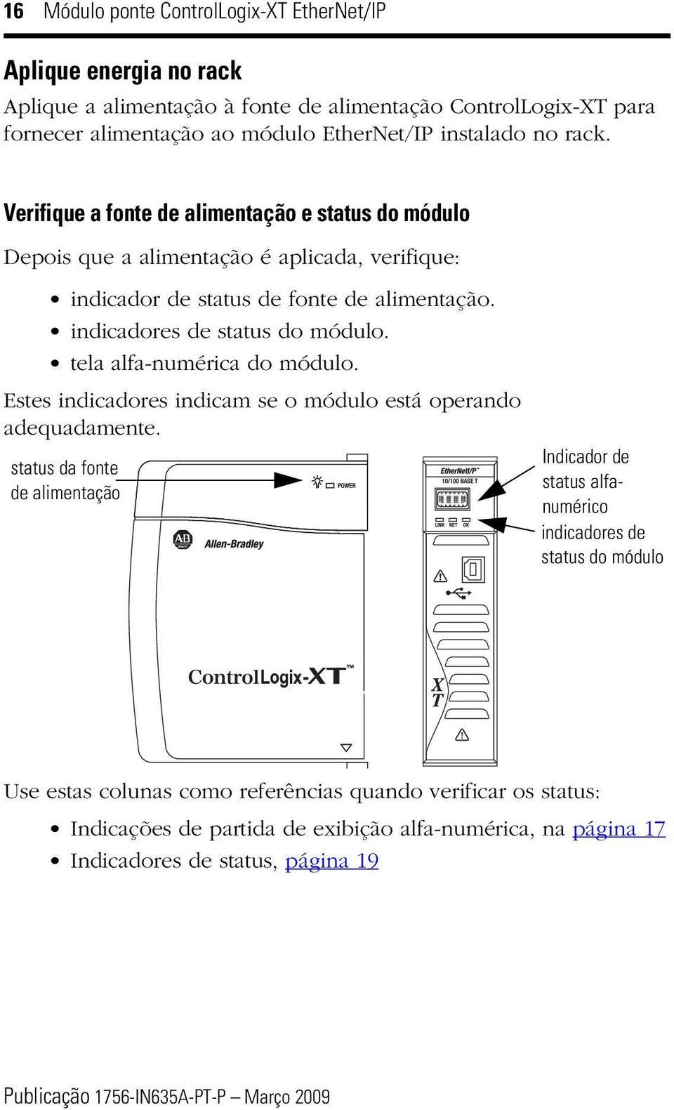 indicadores de status do módulo. tela alfa-numérica do módulo. Estes indicadores indicam se o módulo está operando adequadamente.