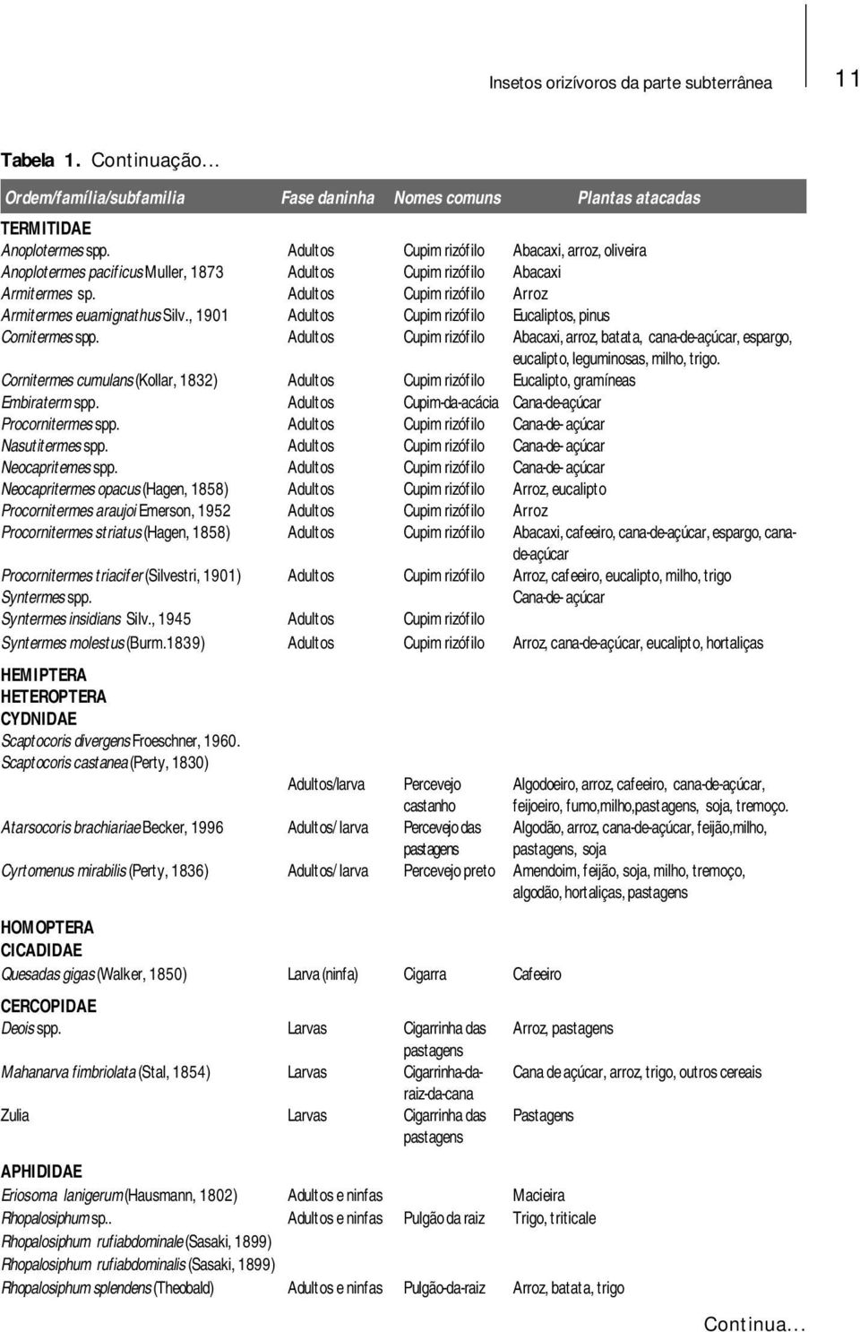 , 1901 Adultos Cupim rizófilo Eucaliptos, pinus Cornitermes spp. Adultos Cupim rizófilo Abacaxi, arroz, batata, cana-de-açúcar, espargo, eucalipto, leguminosas, milho, trigo.