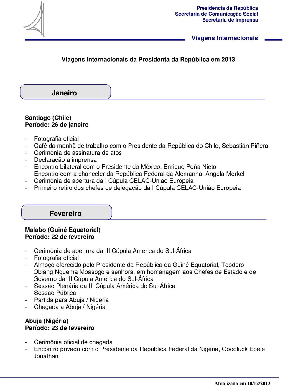 chefes de delegação da I Cúpula CELAC-União Europeia Fevereiro Malabo (Guiné Equatorial) Período: 22 de fevereiro - Cerimônia de abertura da III Cúpula América do Sul-África - Almoço oferecido pelo