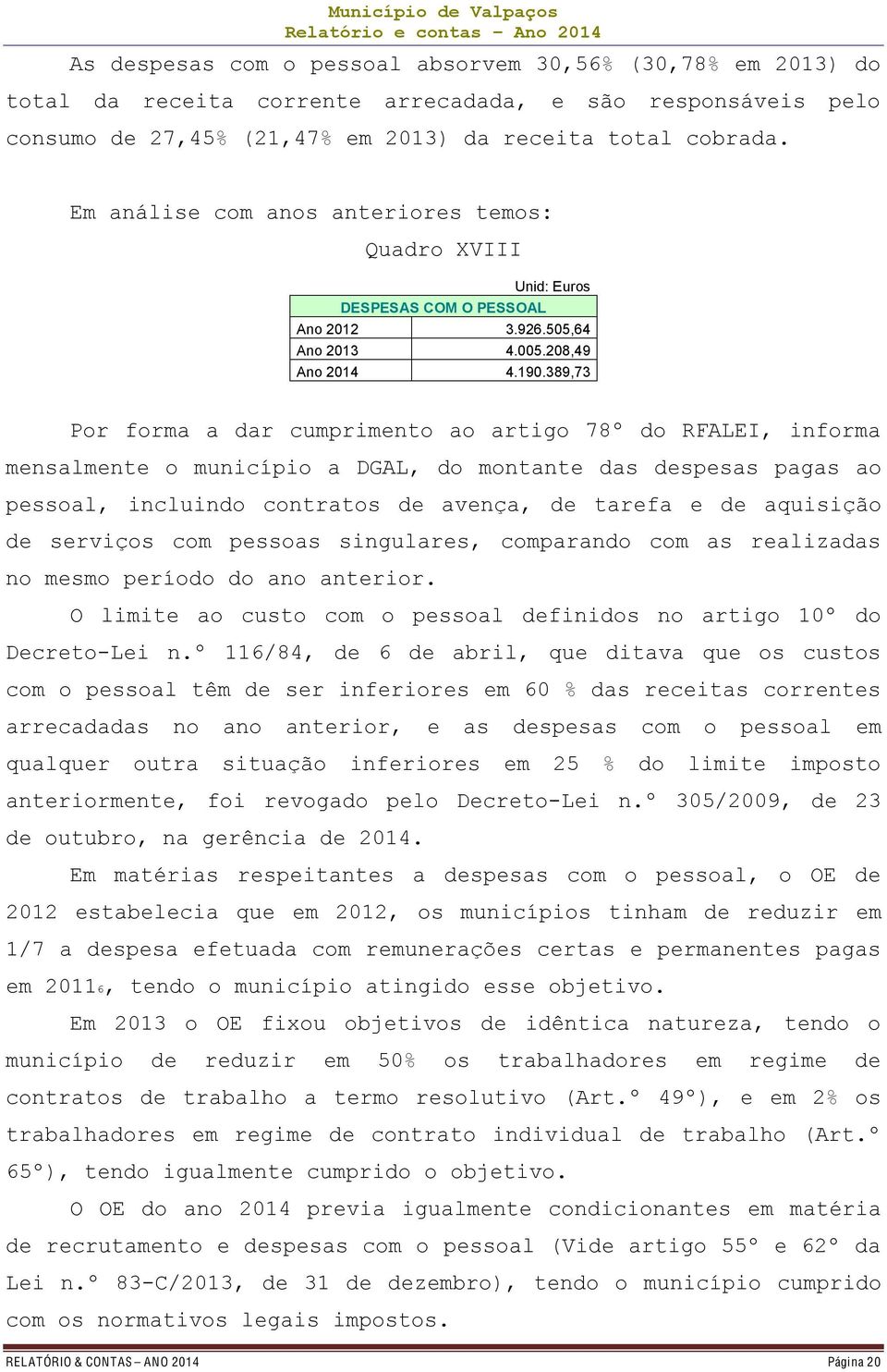 389,73 Por forma a dar cumprimento ao artigo 78º do RFALEI, informa mensalmente o município a DGAL, do montante das despesas pagas ao pessoal, incluindo contratos de avença, de tarefa e de aquisição