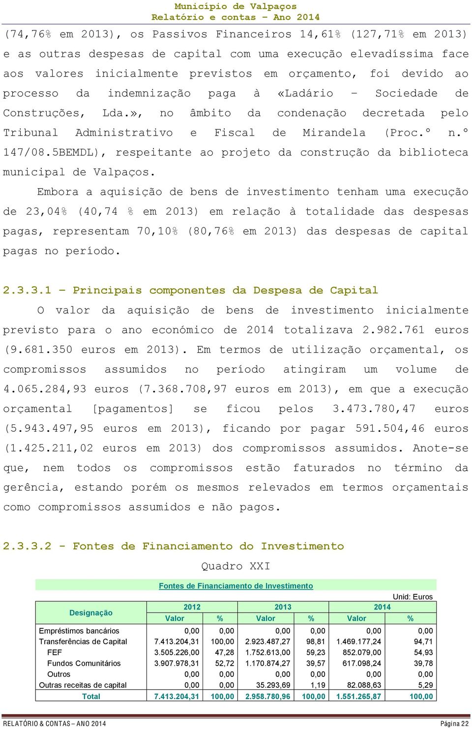 », no âmbito da condenação decretada pelo Tribunal Administrativo e Fiscal de Mirandela (Proc.º n.º 147/08.5BEMDL), respeitante ao projeto da construção da biblioteca municipal de Valpaços.