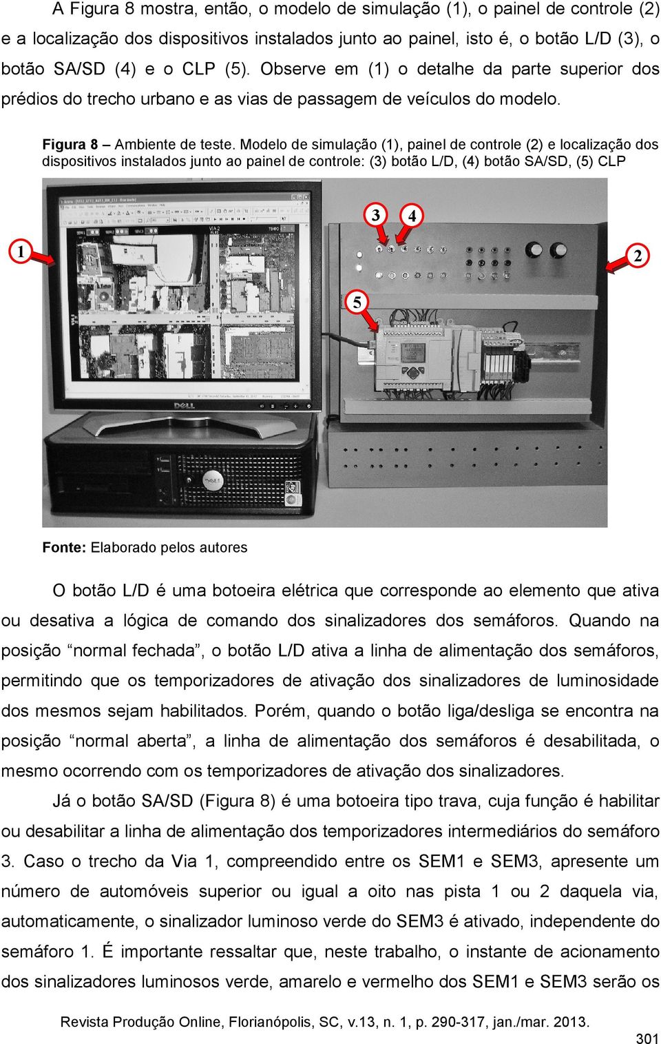 Modelo de simulação (1), painel de controle (2) e localização dos dispositivos instalados junto ao painel de controle: (3) botão L/D, (4) botão SA/SD, (5) CLP 3 4 1 2 5 O botão L/D é uma botoeira