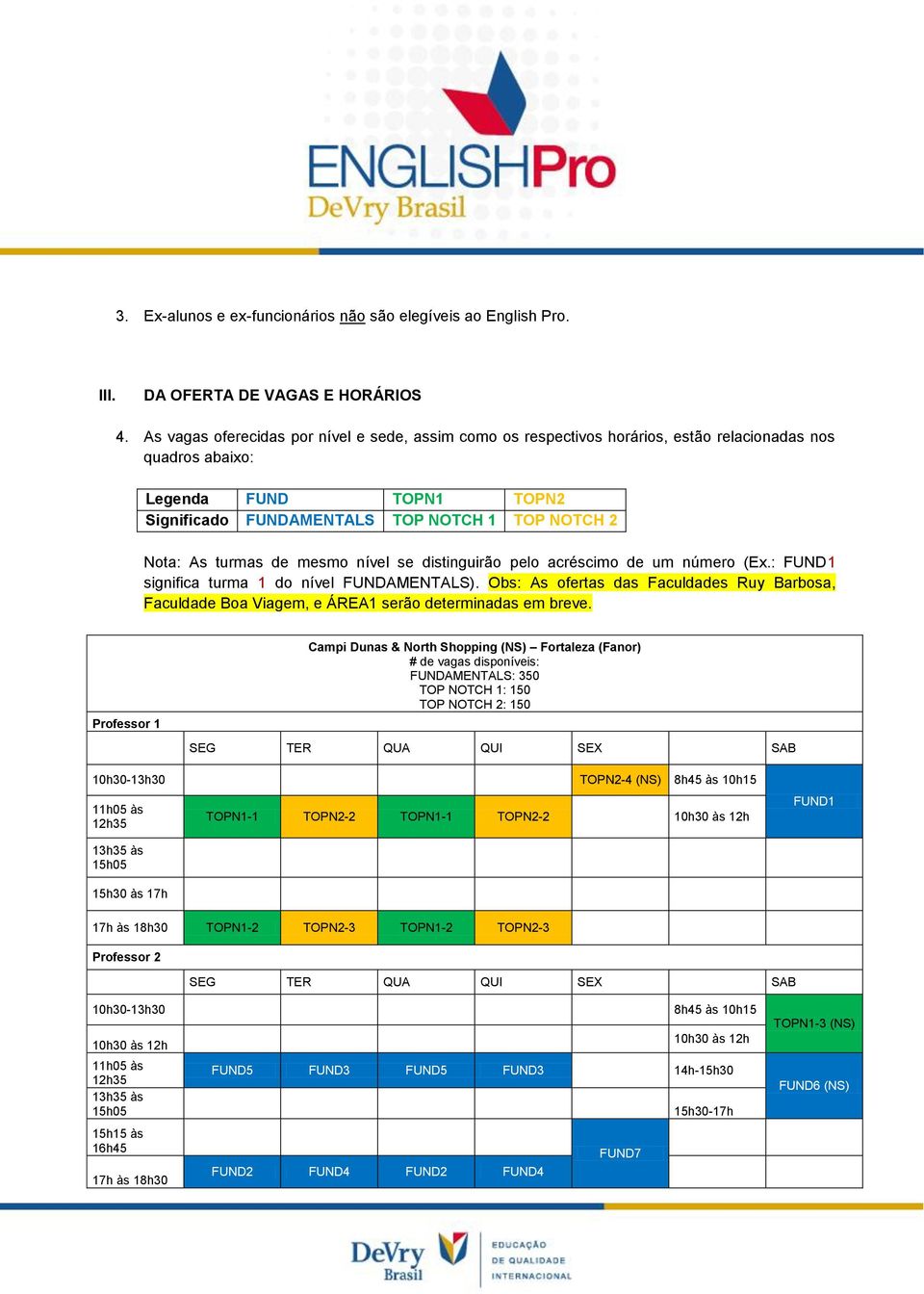 turmas de mesmo nível se distinguirão pelo acréscimo de um número (Ex.: FUND1 significa turma 1 do nível FUNDAMENTALS).