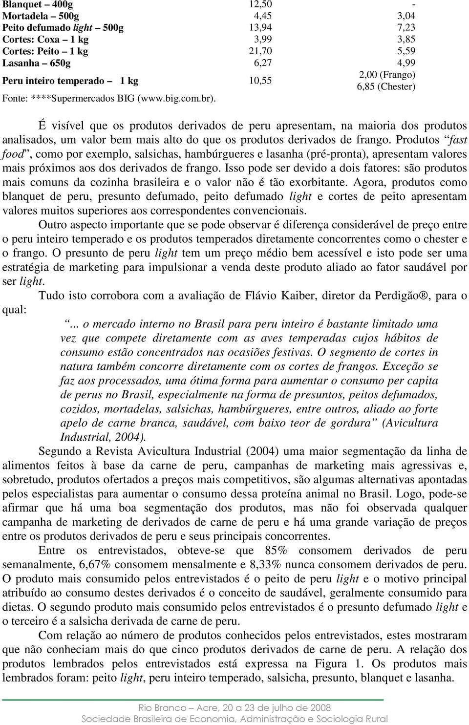 É visível que os produtos derivados de peru apresentam, na maioria dos produtos analisados, um valor bem mais alto do que os produtos derivados de frango.