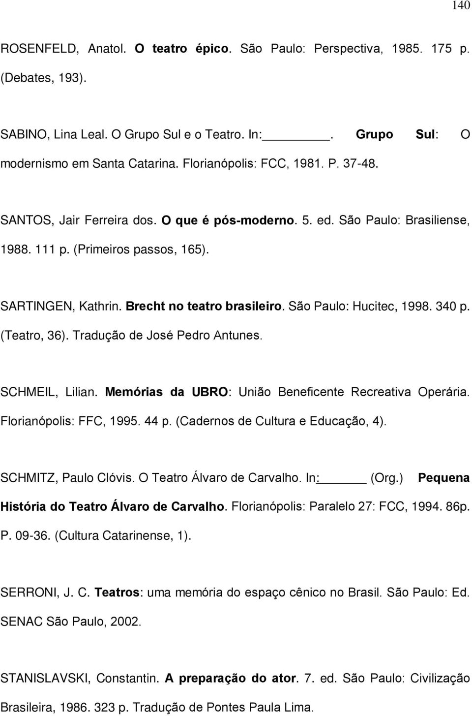 Brecht no teatro brasileiro. São Paulo: Hucitec, 1998. 340 p. (Teatro, 36). Tradução de José Pedro Antunes. SCHMEIL, Lilian. Memórias da UBRO: União Beneficente Recreativa Operária.