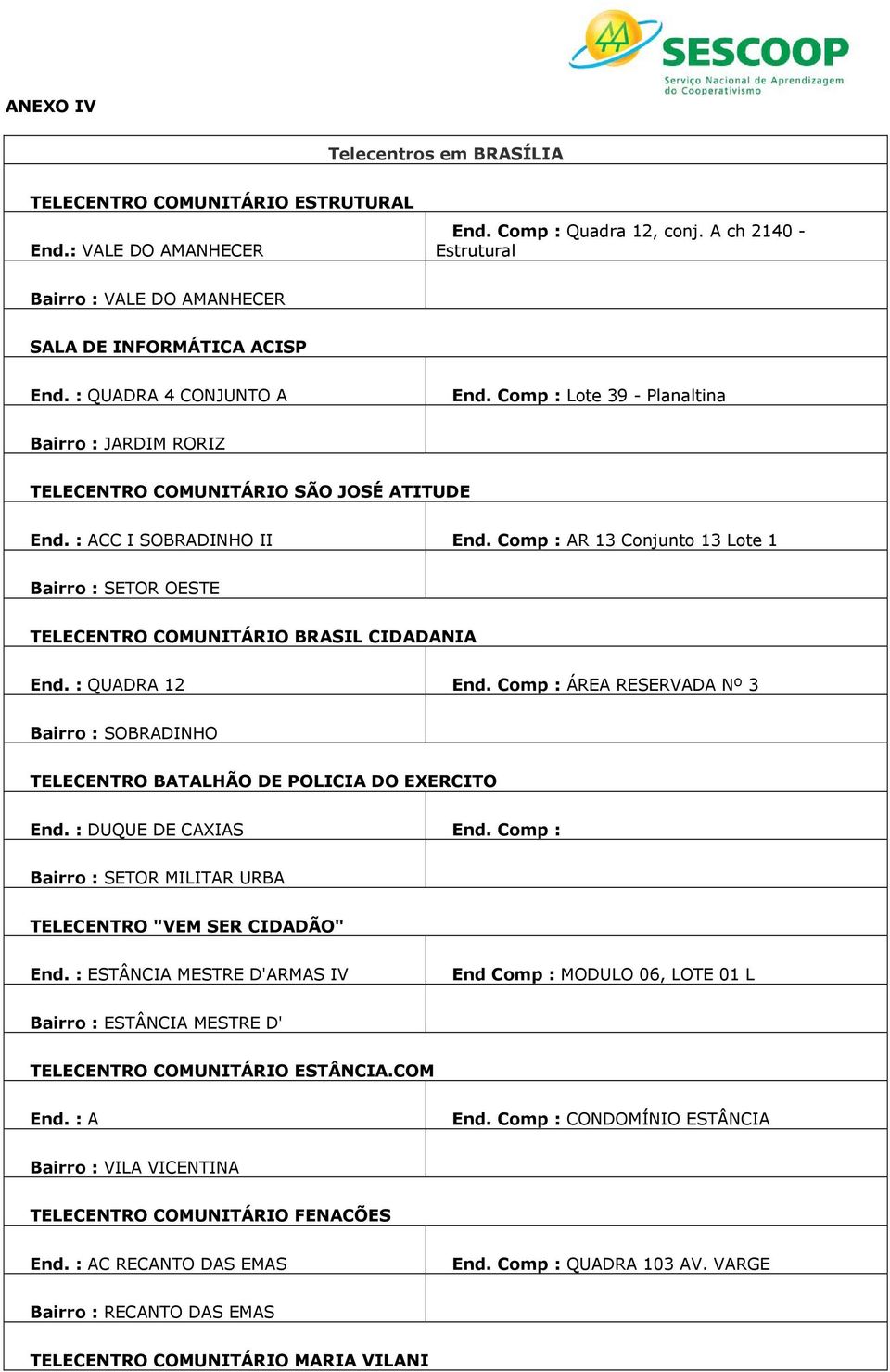 Comp : AR 13 Conjunto 13 Lote 1 Bairro : SETOR OESTE TELECENTRO COMUNITÁRIO BRASIL CIDADANIA End. : QUADRA 12 End. Comp : ÁREA RESERVADA Nº 3 TELECENTRO BATALHÃO DE POLICIA DO EXERCITO End.