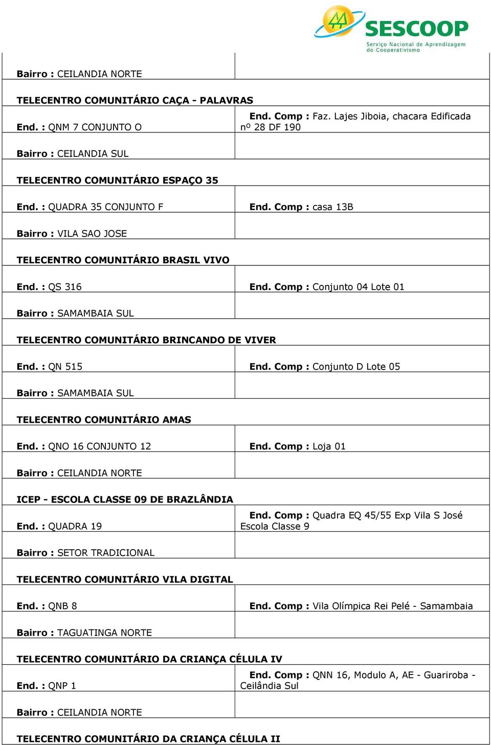 Comp : Conjunto D Lote 05 TELECENTRO COMUNITÁRIO AMAS End. : QNO 16 CONJUNTO 12 End. Comp : Loja 01 ICEP - ESCOLA CLASSE 09 DE BRAZLÂNDIA End. : QUADRA 19 End.