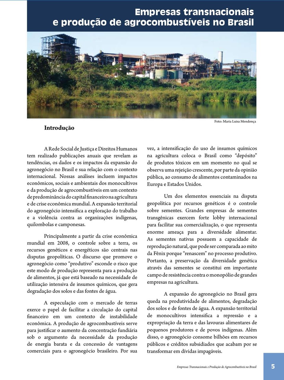 Nossas análises incluem impactos econômicos, sociais e ambientais dos monocultivos e da produção de agrocombustíveis em um contexto de predominância do capital financeiro na agricultura e de crise