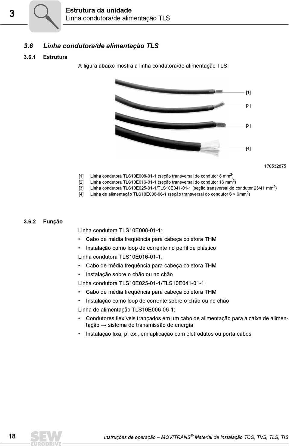 1 Estrutura A figura abaixo mostra a linha condutora/de alimentação TLS: [1] [2] [3] [4] 170532875 [1] Linha condutora TLS10E008-01-1 (seção transversal do condutor 8 mm 2 ) [2] Linha condutora