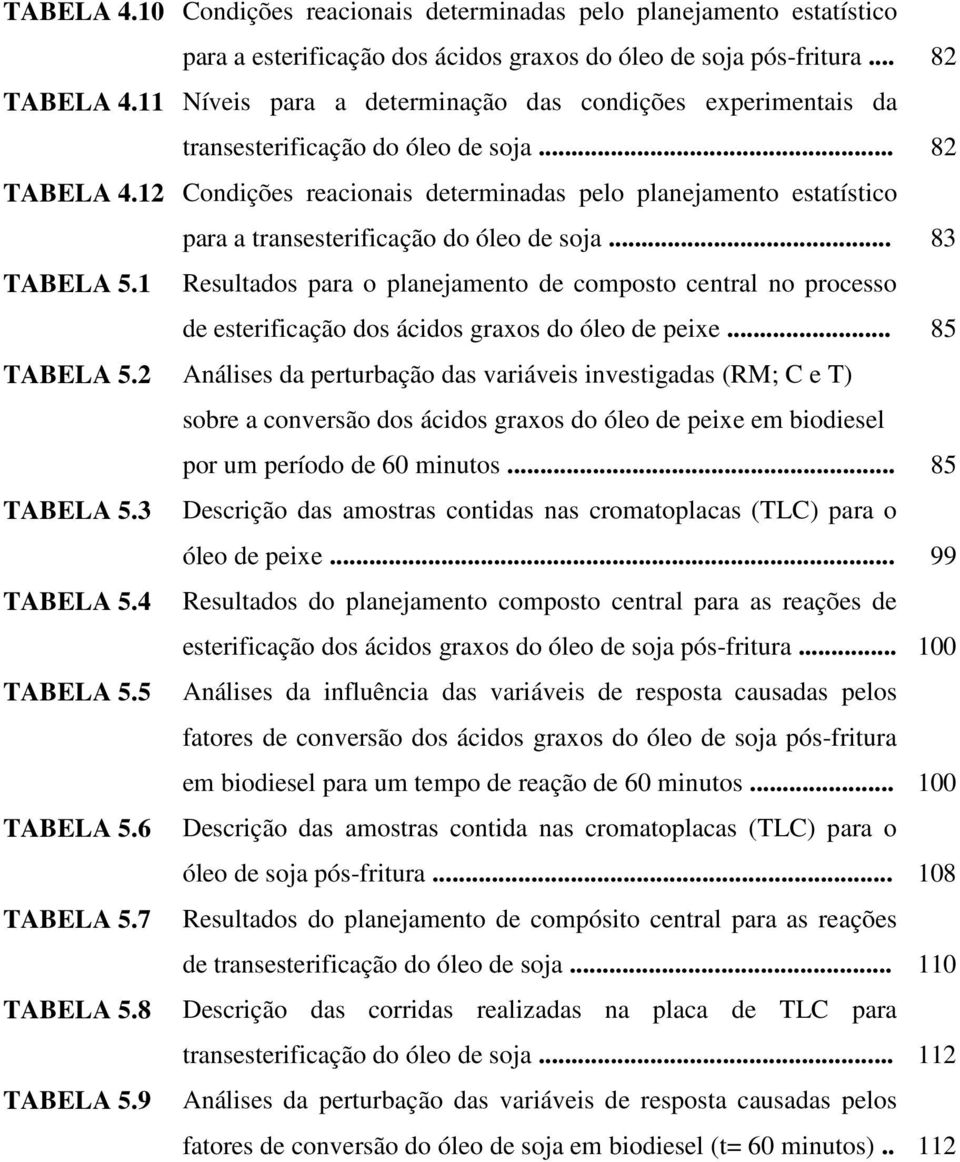 12 Condições reacionais determinadas pelo planejamento estatístico para a transesterificação do óleo de soja... 83 TABELA 5.