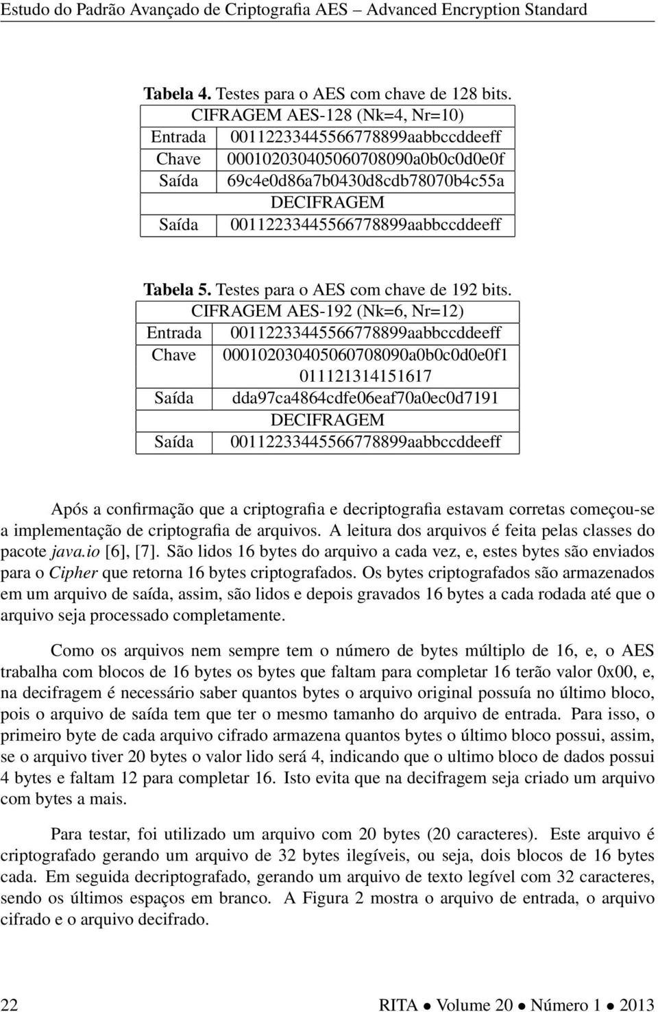 Tabela 5. Testes para o AES com chave de 192 bits.