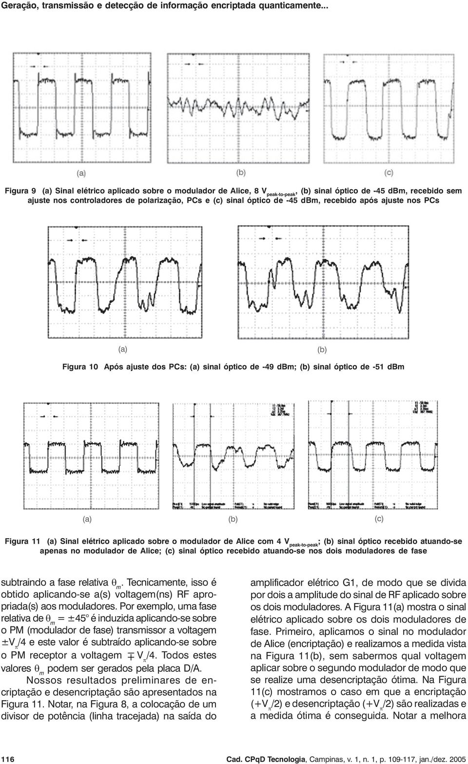 peak-to-peak ; (b) sinal óptico recebido atuando-se apenas no modulador de Alice; (c) sinal óptico recebido atuando-se nos dois moduladores de fase subtraindo a fase relativa θ m.