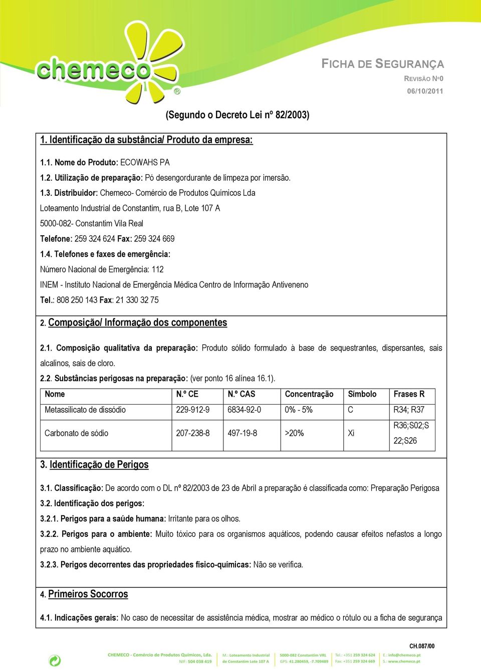 Distribuidor: Chemeco- Comércio de Produtos Químicos Lda Loteamento Industrial de Constantim, rua B, Lote 107 A 5000-082- Constantim Vila Real Telefone: 259 324 