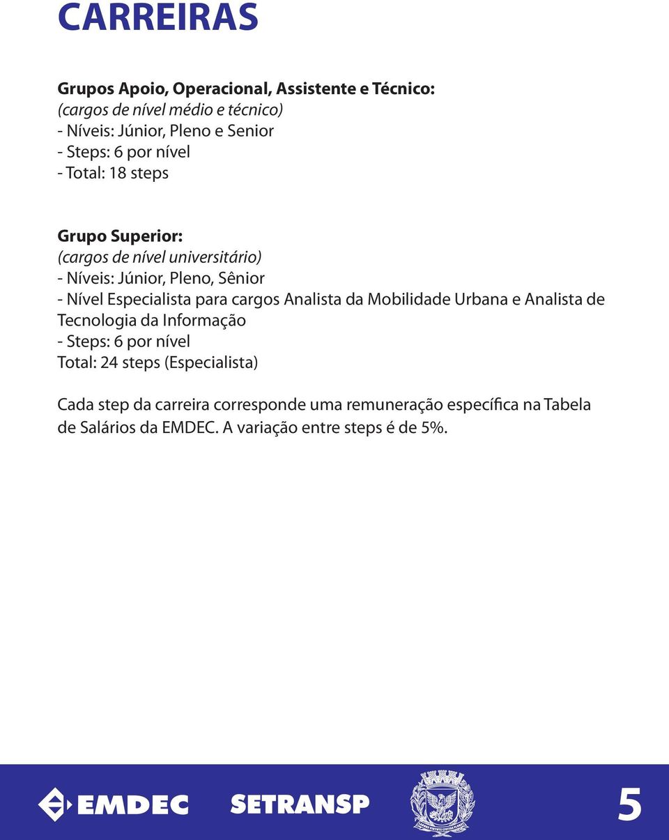 Especialista para cargos Analista da Mobilidade Urbana e Analista de Tecnologia da Informação - Steps: 6 por nível Total: 24 steps